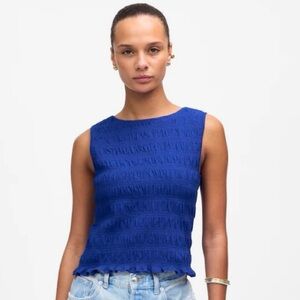 Madewell Blue Smocked Boatneck Tank Top Size Small NWT Cotton Linen Blend Summer